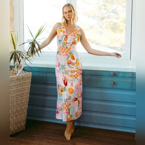NWT Paper Heart Tropical Fruit Linen Dress Size L Maxi V Neck - Picture 1 of 6
